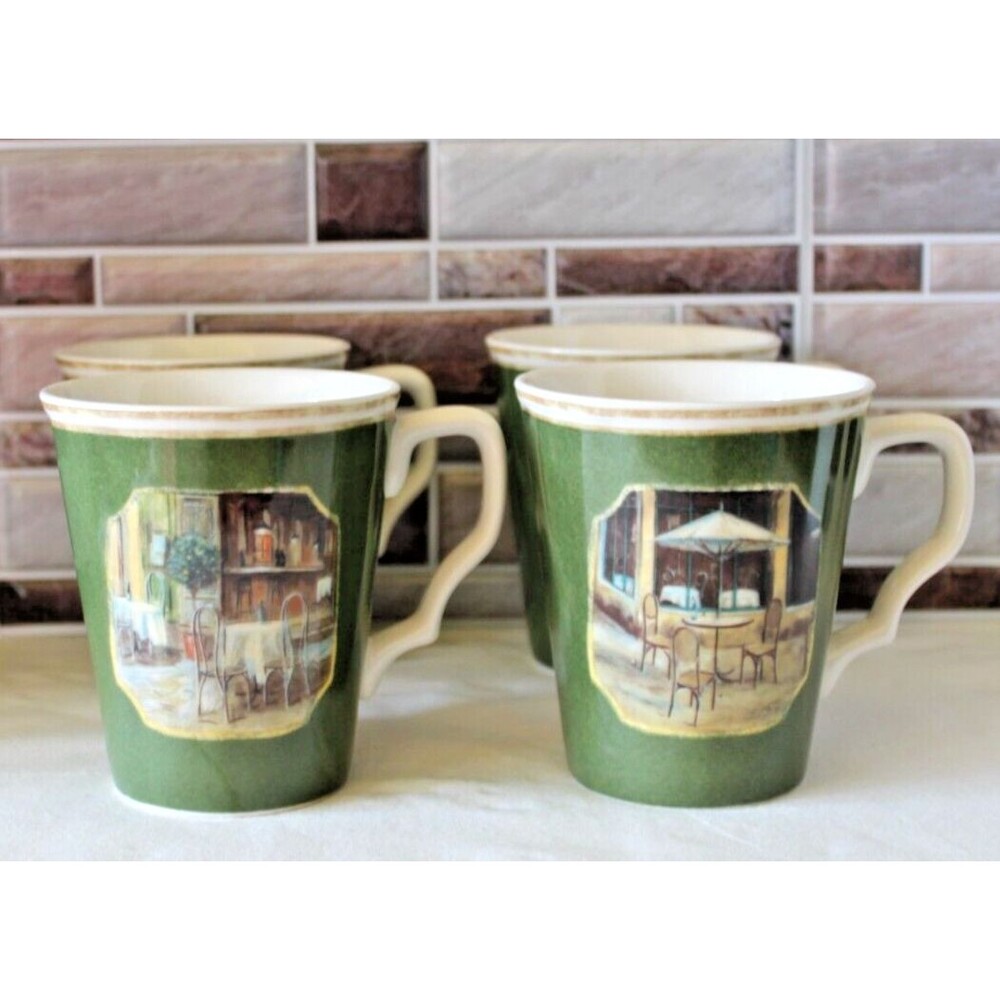 222 5th Avenue Outdoor Cafe Design Set of 4 Coffee Cups /Mugs Green 12oz